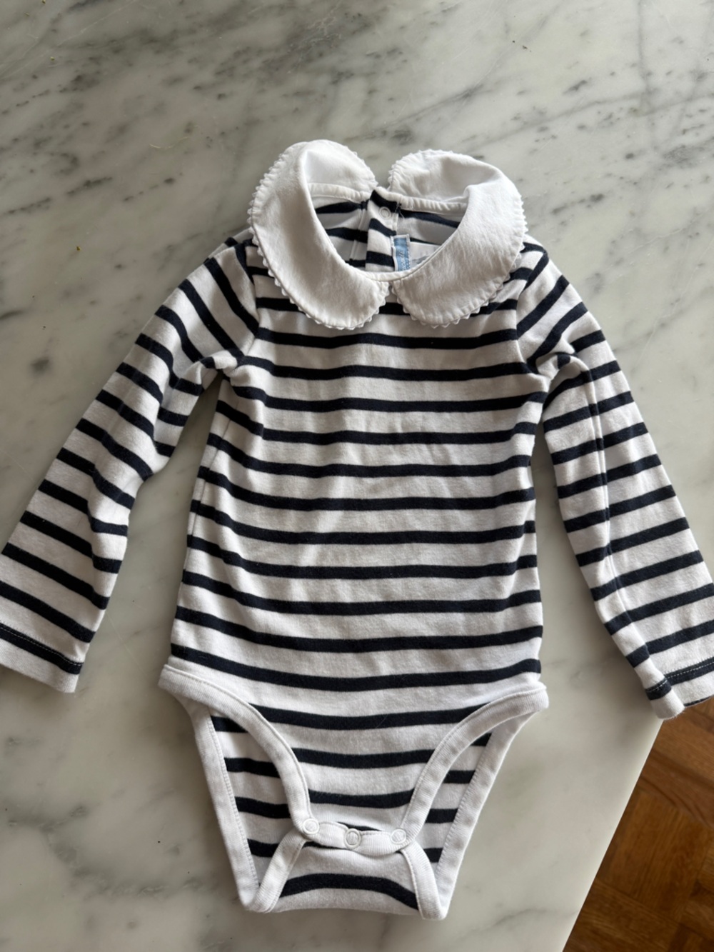 Jacadi Navy and White Striped Baby Bodysuit with Peter Pan Collar 12-18 months